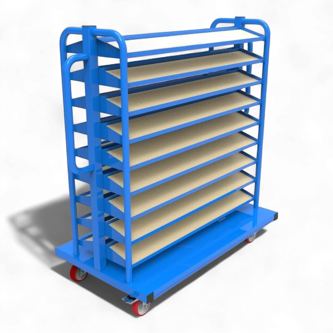 Kompakt-Rollwagen für Sichtlagerkästen - Schmale Bauform für enge Gänge, ideal für Werkstätten und Lager.